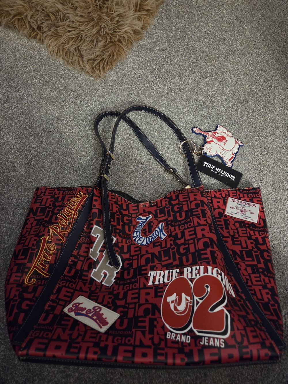 True Religion Red Logo Patch Tote Bag
